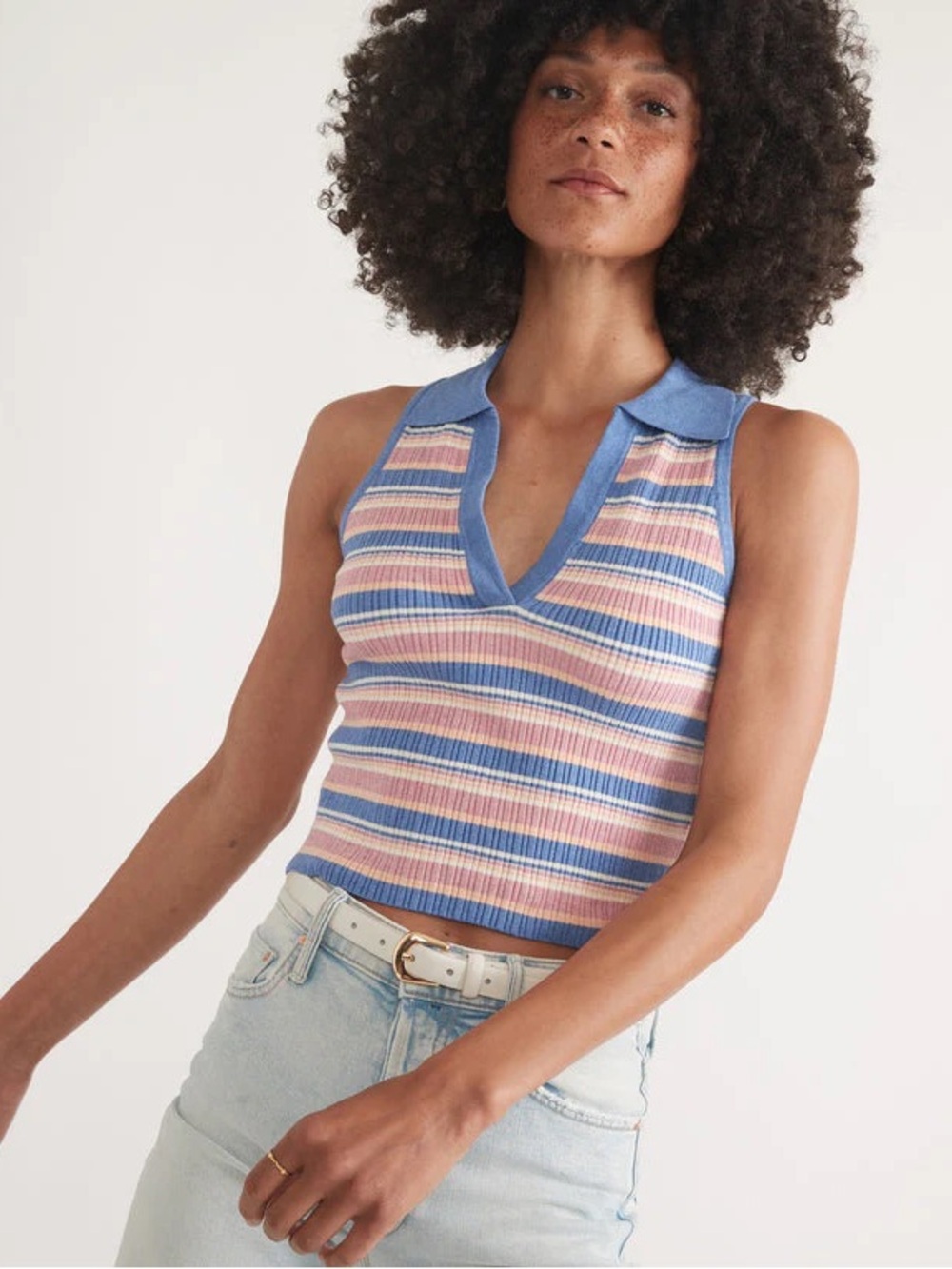 Marine Layer Amelia Rib Polo Indigo Multi Stripe‎